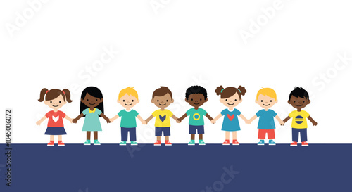 Diverse group of children holding hands in a line on a blue ground smiling and ready to learn together in a sunny schoolyard illustration.