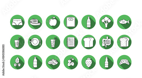 Colorful round icons depict a variety of grocery items including fruit bread milk bottles cheese and other foods arranged in a neat grid.