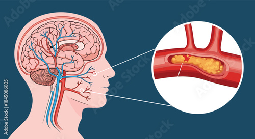 Brain and carotid artery illustration showing plaque buildup and risk of stroke that affects blood flow to the brain by illustrating narrowed vessels.