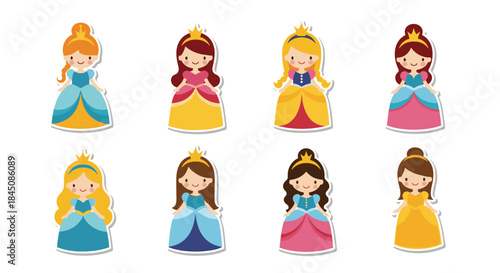 Eight princess characters in colorful ball gowns stand together in a bright playful illustration for kids and families everywhere.