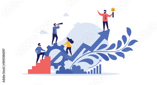 Dynamic team members climb steps and turn gears as they drive growth and success while an upward arrow marks progress and collaborative leadership.
