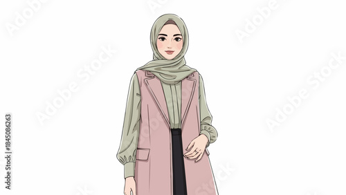 Young Muslim Woman Wearing Modern Hijab and Stylish Outfit.