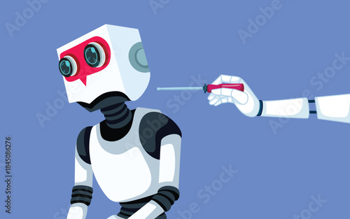 Robot Repairing another Robot with a Screwdriver Vector Illustration.  Automated assembly line for cyborgs humanoid machines 
