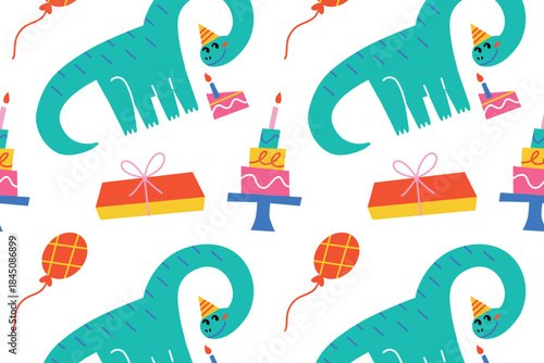 Flat cartoon vector illustration, cute diplodocus dinosaur birthday pattern with party hats, cake candles, gifts, playful cheerful seamless design for wrapping paper, cards and festive projects