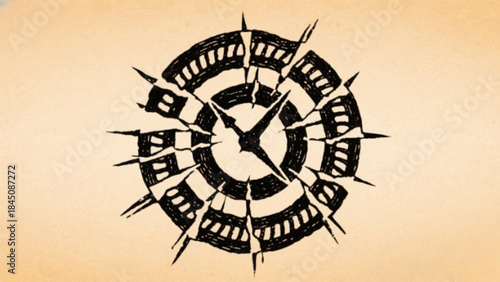Vintage illustration concept featuring a circular clock face design that blends ancient Greek art and Egyptian god symbols with a compass map to represent time and direction