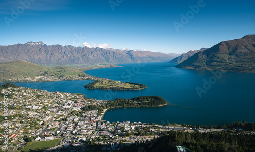 Queenstown Panorama at golden hour, New Zealand, South Island. View from Queenstown Skyline, main attraction in the alpine city.