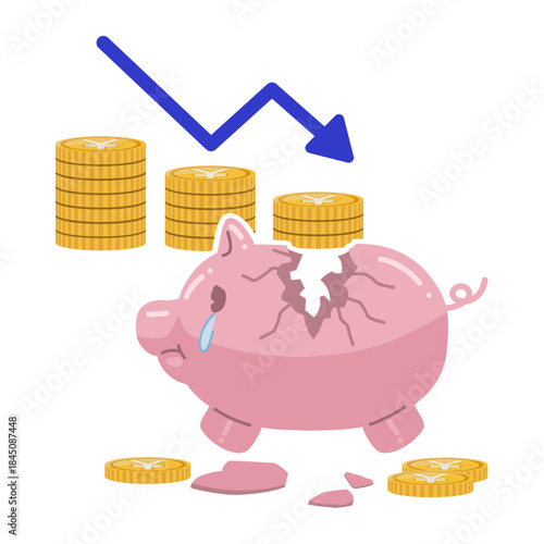 壊れた貯金箱から、￥マークが書かれたコインが減少していくイラスト