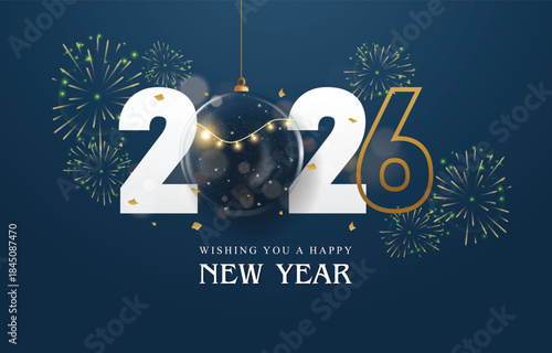 2026 New Year Greeting with Ornament and Fireworks