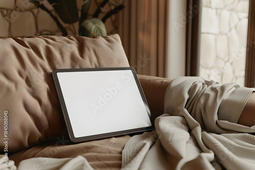 3D Render Digital Tablet with Blank Screen Mockup on Sofa in Cozy Living Room