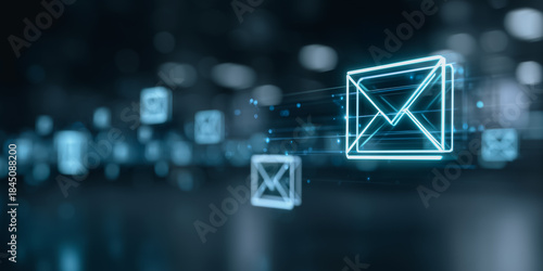 An abstract and futuristic image showcases digital envelopes, symbolizing the global flow of information. Glowing with a cool, vibrant light, they are set against a dark, blurred background. 