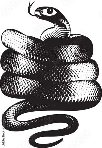Black and White Coiled Snake Engraving Style