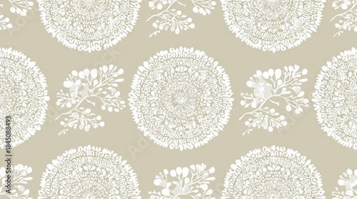 Seamless pattern featuring intricate circular motifs and stylized botanical elements on a muted background