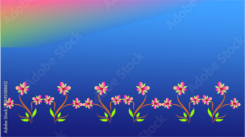 Playful blossoms dance along a sapphire gradient, whispering springtime joy, calm horizons, gentle motion, and colorful harmony, dreams, serenity, balance.