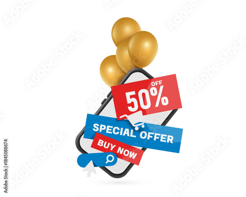 Mobile phone is suspended from gold balloons floating in air, with red and blue "Special offer 50% off" sign displayed on smartphone screen, vector 3d isolated on white background for online shopping