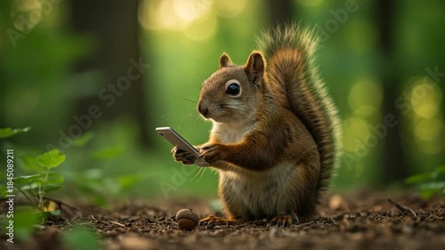Squirrel using a mobile phone in a forest