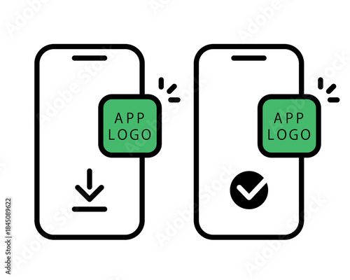 スマートフォン画面にアプリロゴを表示し、ダウンロードとインストール完了を表現した線画アイコンセット。アプリ紹介や操作説明、UIデザインに使いやすいベクター素材。