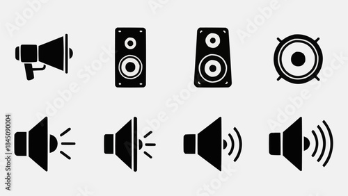 Collection of eight black speaker and sound icons on a light gray background.