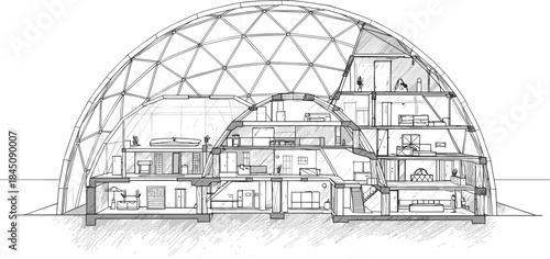 Geodesic dome house section icon vector—multi-level layout with triangular shell, furnished rooms, and structural details for design visuals