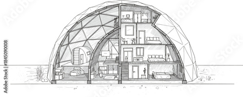 Geodesic dome house icon vector—multi-level layout with skylights, furnished rooms, and vertical space for architectural design visuals