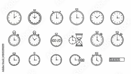 Collection of Various Clock and Timer Icons Representing Time Measurement.
