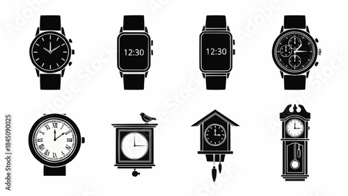 Collection of Diverse Timekeeping Devices Including Wristwatches and Clocks.
