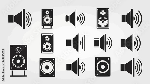 Collection of Speaker Icons and Illustrations Representing Sound and Audio Technology.