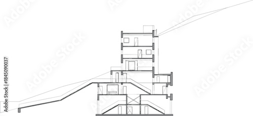 Hillside building section icon vector—multi-level layout with staircases, terrain adaptation, and structural details for architectural design visuals
