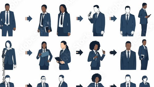 Diverse group of professionals in business attire demonstrating progression and teamwork.