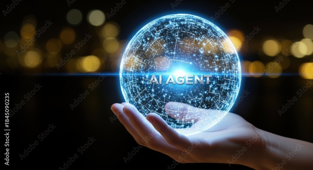 Fototapeta premium AI Agent Concept: Hand Holding Futuristic Sphere Representing Artificial Intelligence on Dark Background