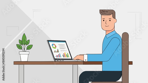 Man Working on Laptop at Desk with Plant.