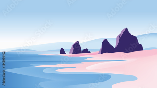 Minimalist rocky beach landscape with pointed sea stacks on smooth pink dunes meeting deep blue water, distant blue mountains fading into a pale blue sky