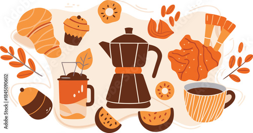 Cozy autumn coffee break with croissants and warm drinks