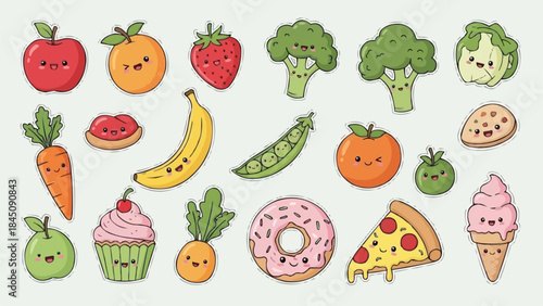 Cute Kawaii Food and Vegetables Collection with Happy Faces.