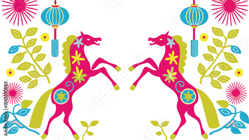 Two vibrant pink horses with floral patterns and chinese lanterns