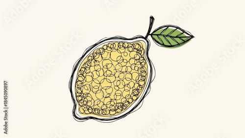 Hand Drawn Illustration of a Ripe Yellow Lemon with a Leaf.