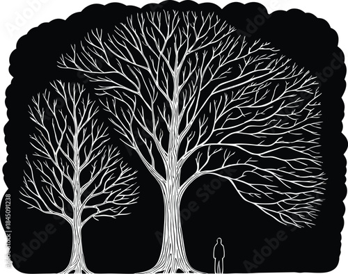 Silhouetted trees with intricate branches against a dark background