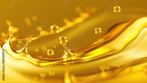 Liquid gold flows smoothly, creating waves and droplets. Each splash catches light, forming reflections that add to the bright appearance. Movement is visible in this scene