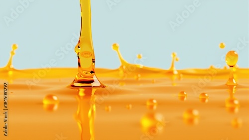 golden liquid flows slowly and creates droplets on a smooth surface. setting has bright lighting, highlighting the texture and movement of the liquid