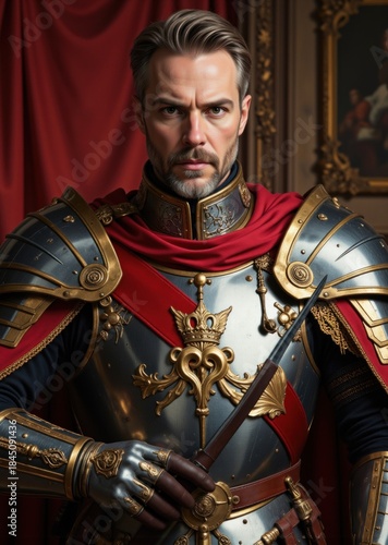 man dressed in detailed armor holds a sword in one hand. He stands confidently in front of ornate paintings and deep red fabric. scene shows a historic atmosphere