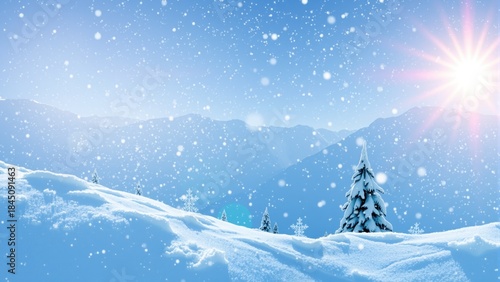 Snow falls gently on a landscape filled with mountains and a tree. sun shines brightly in the sky, creating a cold winter scene in the daylight