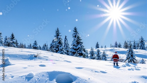 Santa stands in deep snow surrounded by tall evergreen trees. bright sun shines in a clear blue sky, creating a winter scene filled with snowflakes