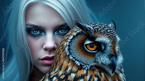 woman with light hair stands next to an owl with orange eyes. background is dark, and the focus is on their faces, showcasing a connection between them