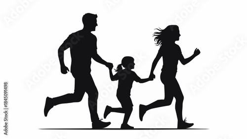 Silhouette of a family running together holding hands.