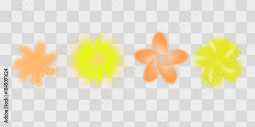 Colorful smooth blurred gradient flower set. Bright blurry aura shape collection. Fading abstract elements for poster, template, badge, sticker, collage.