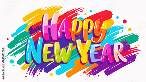 Happy new year colorful text with abstract paint strokes