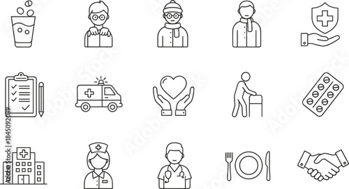 Healthcare and medical line icons set, hospital service symbols, doctor nurse illustrations, emergency aid, wellness support graphics, pharmacy medication elements