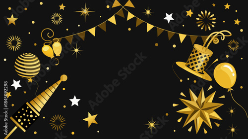 Golden new year celebration elements on black background with copy space