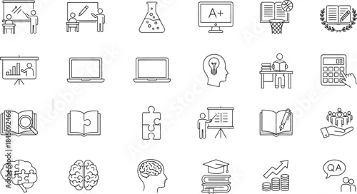 Education and learning icons set, teaching tools, student study symbols, online classroom elements, academic knowledge, research, creativity, books, brain concepts, success growth