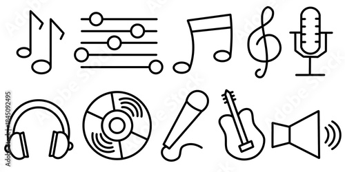 Music line art icon set with featuring notes, microphone, speaker volume, guitar, and more. Music illustration collection.
