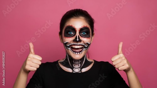 Woman with skull makeup giving a thumbs up against a pink background.